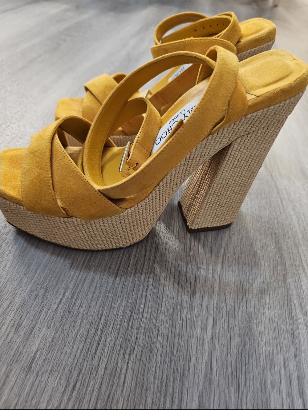 Jimmy Choo Mustard Suede Platform Block Heel Sandals - Picture 3 of 10